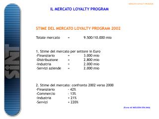 STIME DEL MERCATO LOYALTY PROGRAM 2002 Totale mercato	=	9.500/10.000 mio