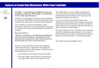 Features of Instant Data Warehouse ‘White Paper’ Available