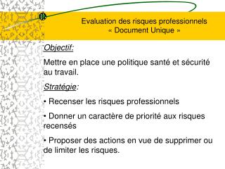 Evaluation des risques professionnels « Document Unique »