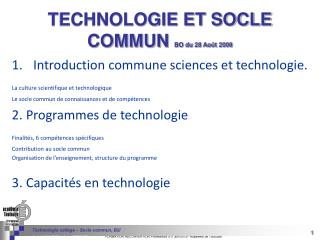 TECHNOLOGIE ET SOCLE COMMUN BO du 28 Août 2008