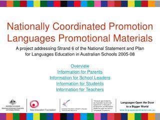 Nationally Coordinated Promotion Languages Promotional Materials