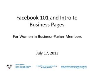 Facebook 101 and Intro to Business Pages