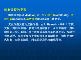 细胞分裂的类型 细胞分裂 (cell division) 可分为 无丝分裂 (amitosis) 、 有丝分裂 (mitosis) 和 减数分裂 (meiosis) 三种类型。