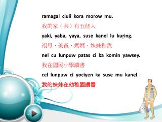 r amagal ciuli kora mo r ow mu. 我的家（共）有五個人 yaki , yaba , yaya , suse kanel lu ku r ing .