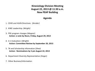 Kinesiology Division Meeting August 22, 2013 @ 11:30 a.m. New PEAP Building