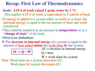 Recap: First Law of Thermodynamics