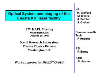 17 th HAPL Meeting Washington, DC October 30, 2007 Naval Research Laboratory