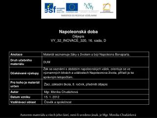 Napoleonská doba Dějepis VY_32_INOVACE_320, 16. sada, D