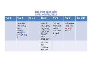 Lịch hoạt động tuần 19/11 – 25/11/2012