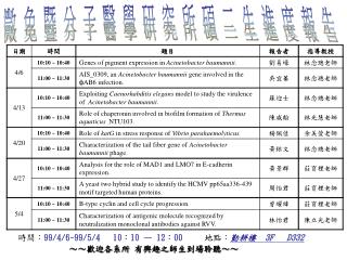 時間： 99/4/6~99/5/4 10 ： 10 — 12 ： 00 地點： 勤耕樓 3F D332 ～～歡迎各系所 有興趣之師生到場聆聽～～