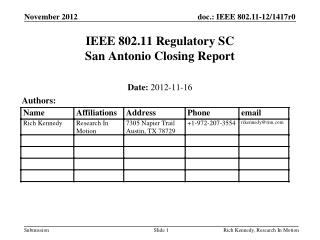 IEEE 802.11 Regulatory SC San Antonio Closing Report