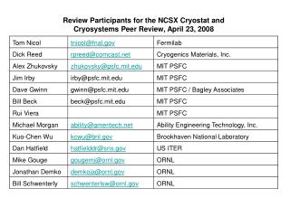 Review Participants for the NCSX Cryostat and Cryosystems Peer Review, April 23, 2008