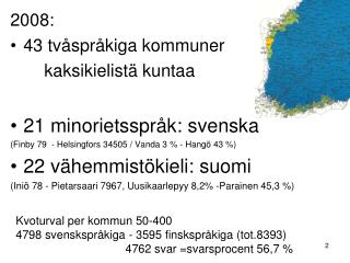 2008: 43 tvåspråkiga kommuner kaksikielistä kuntaa 21 minorietsspråk: svenska