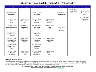 Duke Group Fitness Schedule - Spring 2011 – Wilson Center