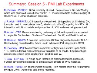 Summary: Session 5 - PMI Lab Experiments