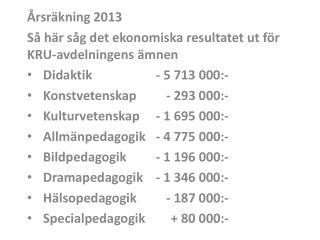 Årsräkning 2013 Så här såg det ekonomiska resultatet ut för KRU-avdelningens ämnen