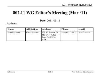 802.11 WG Editor’s Meeting (Mar ‘11)