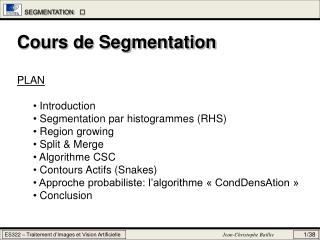 Cours de Segmentation PLAN Introduction Segmentation par histogrammes (RHS) Region growing