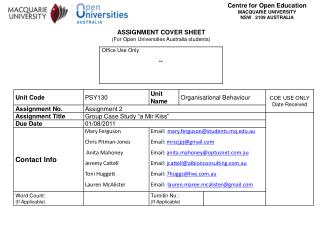 Centre for Open Education MACQUARIE UNIVERSITY NSW 2109 AUSTRALIA