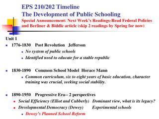 Unit 1 1776-1830 Post Revolution Jefferson No system of public schools