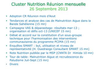 Cluster Nutrition Réunion mensuelle 26 Septembre 2013