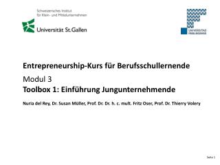 Entrepreneurship-Kurs für Berufsschullernende Modul 3 Toolbox 1: Einführung Jungunternehmende