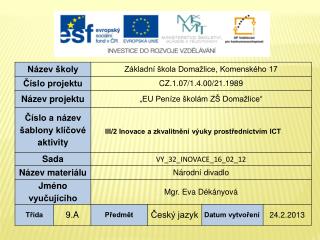 Vzdělávací oblast:Jazyk a jazyková komunikace Vzdělávací obor: Český jazyk a literatura