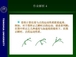  要将计算结果与点的运动性质联系起来。例如，对于图所示之瞬时点的运动，请读者判断：在图中所示之几种速度与加速度的情形下，在图示瞬时，点的运动性质。