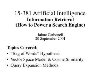 15-381 Artificial Intelligence