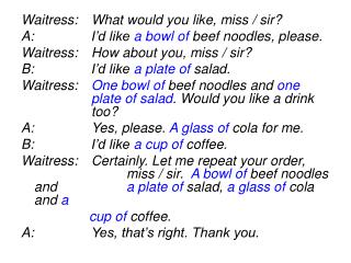 Waitress:	What would you like, miss / sir? A:			I’d like a bowl of beef noodles, please.