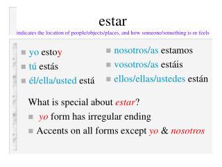 estar indicates the location of people/objects/places, and how someone/something is or feels