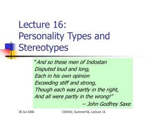 Lecture 16: Personality Types and Stereotypes