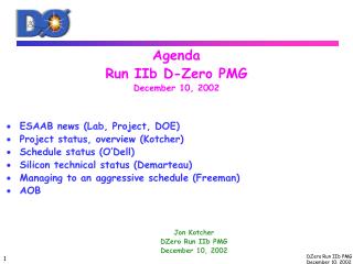 Agenda Run IIb D-Zero PMG December 10, 2002 ESAAB news (Lab, Project, DOE)