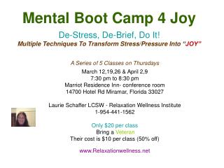 A Series of 5 Classes on Thursdays March 12,19,26 &amp; April 2,9 7:30 pm to 8:30 pm