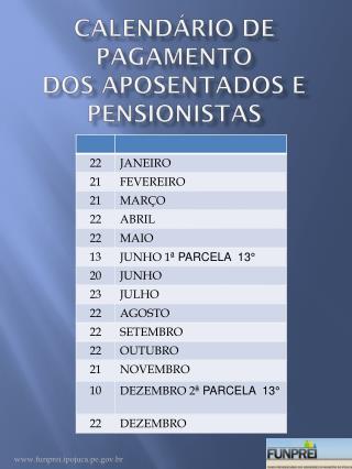 CALENDÁRIO DE PAGAMENTO DOS APOSENTADOS E PENSIONISTAS