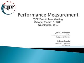 Performance Measurement TJDR Peer to Peer Meeting October 7 and 10, 2011 Washington, D.C.
