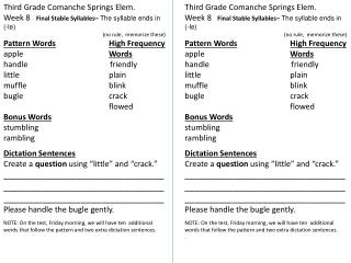 Third Grade Comanche Springs Elem. Week 8 Final Stable Syllables– The syllable ends in (-le)