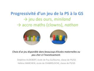 Progressivité d’un jeu de la PS à la GS → jeu des ours, miniland → accro maths (clowns), nathan