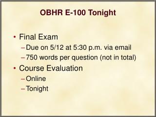 OBHR E-100 Tonight