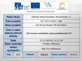 Vzdělávací oblast: Člověk a společnost Vzdělávací obor: Dějepis