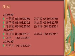 注会 4 班 李慧敏 061032369	 张思敏 061032350 秦倩敏 061032302	 梁志慧 061032275