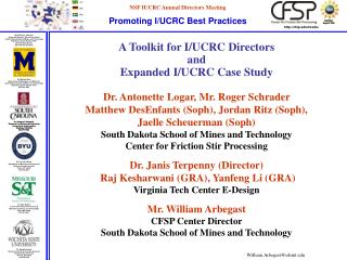 A Toolkit for I/UCRC Directors and Expanded I/UCRC Case Study