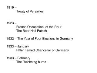 1919 – 	Treaty of Versailles 1923 – 	French Occupation of the Rhur 	The Beer Hall Putsch