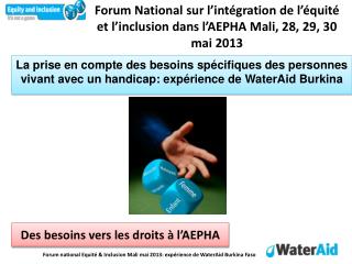 Forum National sur l’intégration de l’équité et l’inclusion dans l’AEPHA Mali, 28, 29, 30 mai 2013