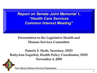 Presentation to the Legislative Health and Human Services Committee Pamela S. Hyde, Secretary, HSD