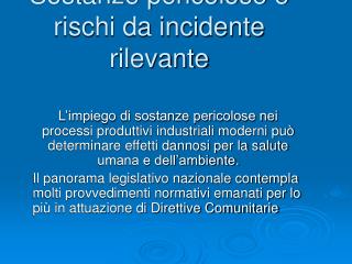 Sostanze pericolose e rischi da incidente rilevante