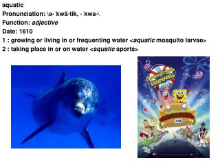 aquatic Pronunciation: \ə-ˈkwä-tik, -ˈkwa-\ Function: adjective Date: 1610
