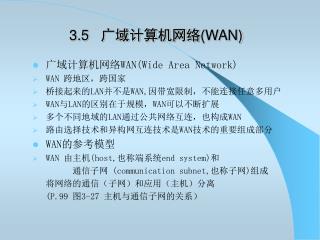 广域计算机网络 WAN(Wide Area Network) WAN 跨地区，跨国家 桥接起来的 LAN 并不是 WAN, 因带宽限制，不能连接任意多用户