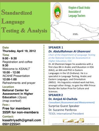Date Thursday, April 19, 2012 Time 9:00 - 9:30 Registration and coffee 9:30 Welcome to KSAALT