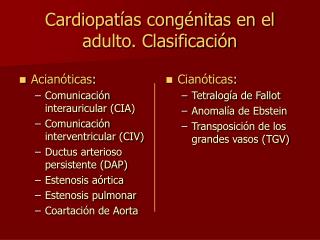 Cardiopatías congénitas en el adulto. Clasificación